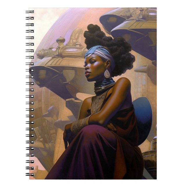 Caderno Espiral Senhora Futurística Americana Africana (Frente)