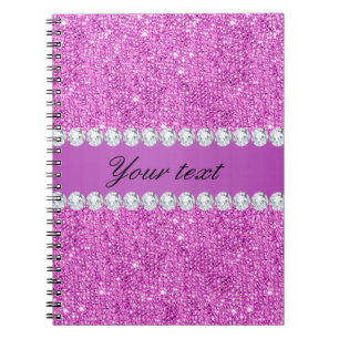 Caderno Espiral Sequins roxos chiques e diamantes do falso