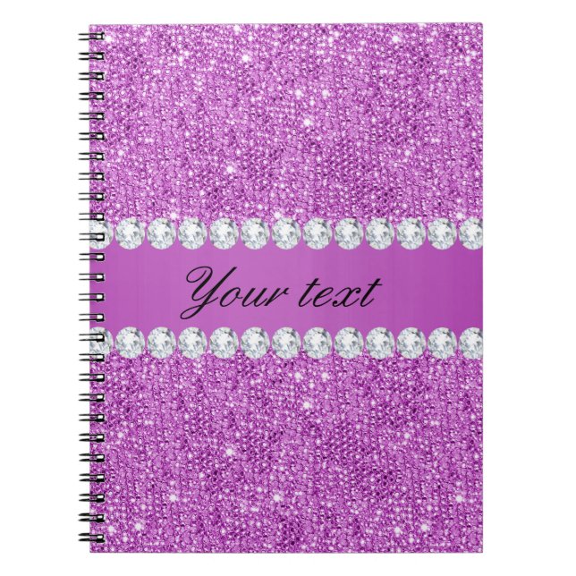 Caderno Espiral Sequins roxos chiques e diamantes do falso (Frente)