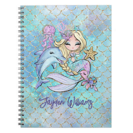Caderno Espiral Sereia Azul Rosa Fofo Nome de Menina Escolar