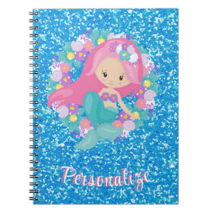 Caderno Espiral Sereia Cor-de-rosa-rosa branca brilhante Personali