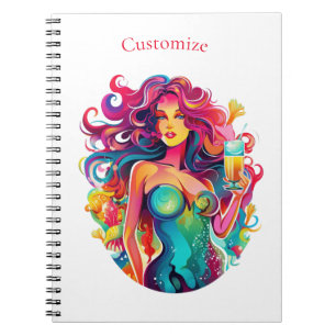 Caderno Espiral Sereia de cabelo arco-íris com coquetel