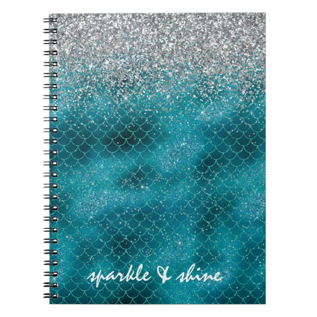 Caderno Espiral Sereia de Teal Silver Sparkle personalizada (Frente)