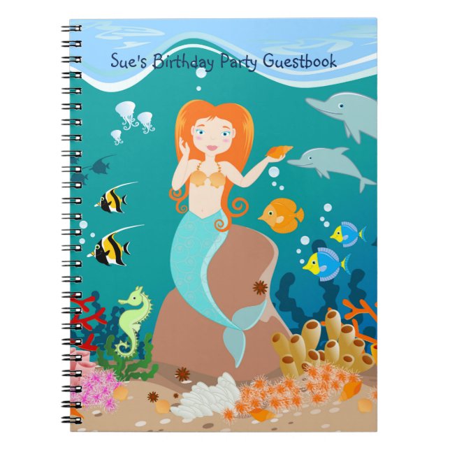 Caderno Espiral Sereia e golfinhos sob a festa de aniversário marí (Frente)