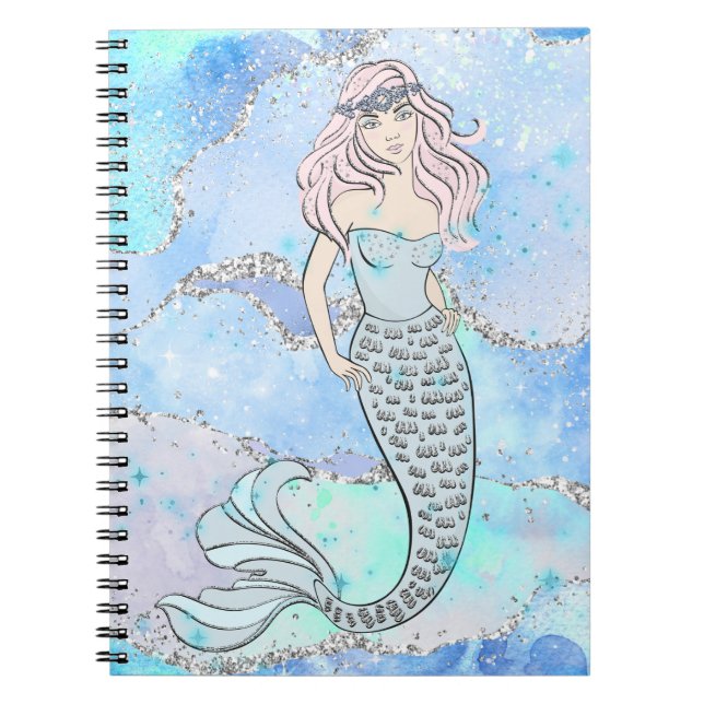 Caderno Espiral Sereia Linda Glitter Azul-Teal Rapariga (Frente)