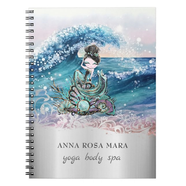 Caderno Espiral *~* Sereia Ornamentado Praia Ondas Oceanas AR7 Mar (Frente)
