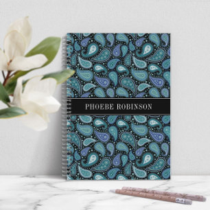 Caderno Espiral Seu Nome No Padrão De Paisley Azul Retroativo Ele