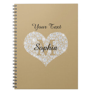 Caderno Espiral Seu Texto, Coração Diamante, Monograma Dourado, No