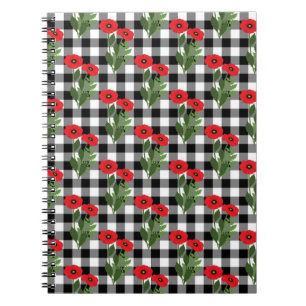Caderno Espiral Shabby Chic Vermelho, Preto & Branco Papoulas Flor