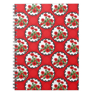 Caderno Espiral Shabby Chic Vermelho, Preto e Branco Floral Papoul