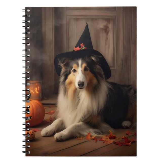 Caderno Espiral Shetland Sheepdog Pumpkins Halloween Assustado (Frente)