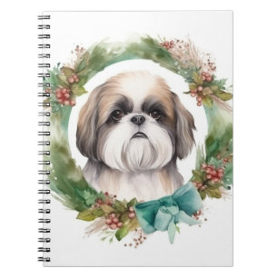 Caderno Espiral Shih Tzu Christmas Wreath Festivo Pup