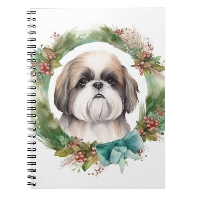 Caderno Espiral Shih Tzu Christmas Wreath Festivo Pup (Frente)