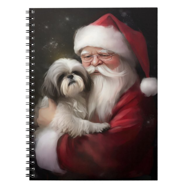 Caderno Espiral Shih Tzu Com Papai Noel Natal Festivo (Frente)