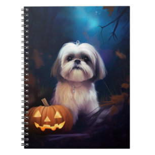Caderno Espiral Shih Tzu de Halloween com Abóboras Assustador