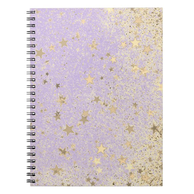 Caderno Espiral Shimmery Glittery Douradas Stars on Lavanda (Frente)