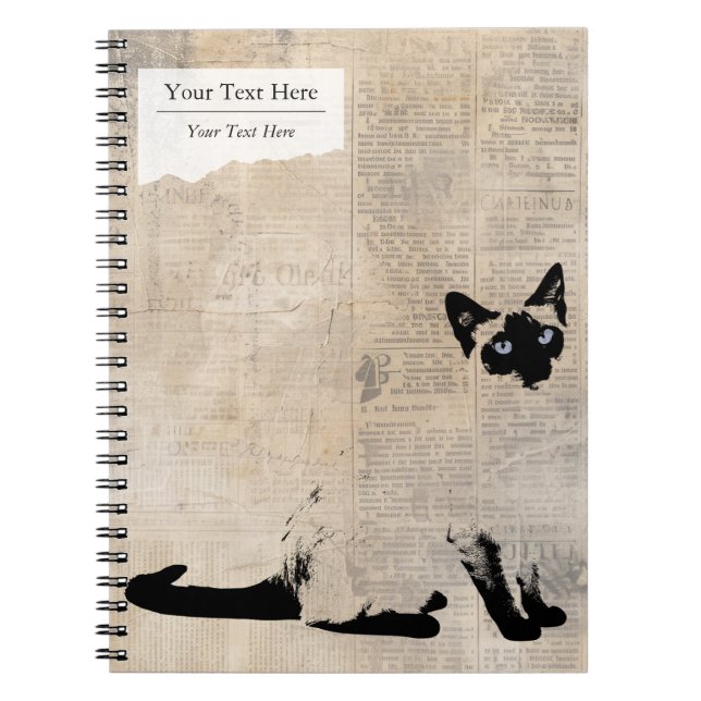 Caderno Espiral Siamese Cat on Retro Newspaper, Personalized Name (Frente)