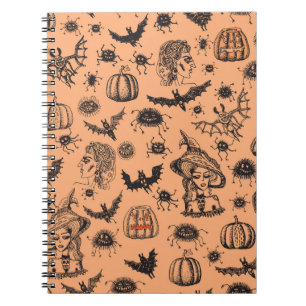 Caderno Espiral Silhueta de Bruxas de Halloween: Padrão de Cartoon