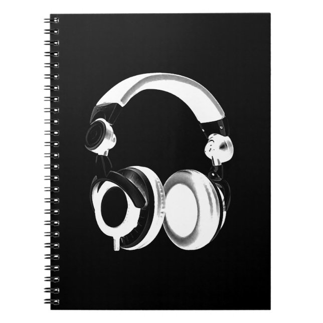 Caderno Espiral Silhueta de fone de ouvido preto e branco (Frente)