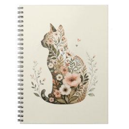 Caderno Espiral Silhueta de Gato Floral Boho Flor Silvestre
