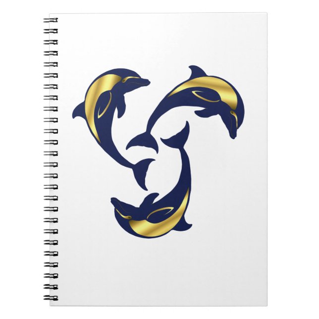Caderno Espiral Silhueta de ouro azul marinho de golfinho náutico (Frente)