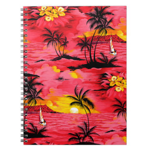 Caderno Espiral Silhueta de palmeira aquática e padrão de praia