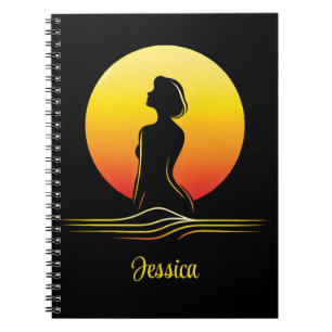 Caderno Espiral Silhueta feminina do pôr do sol retrô