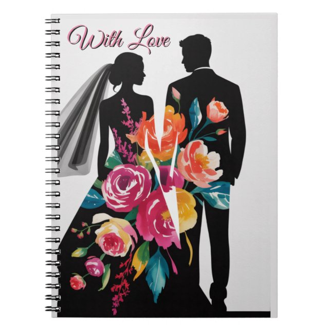 Caderno Espiral Silhueta Floral | Arte Moderna de Noiva e Noivo (Frente)