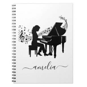 Caderno Espiral Silhueta Personalizada de Pianista Menina Notas Mu