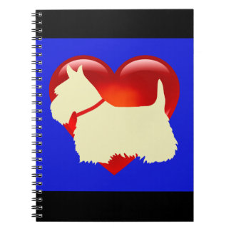 Caderno Espiral silhueta preta/branca de Terrier Escocês coração a