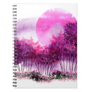 Caderno Espiral silhueta roxa, rosa, de árvores contra o fundo