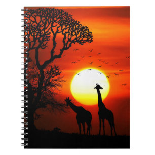Caderno Espiral Silhuetas africanas do girafa do por do sol do