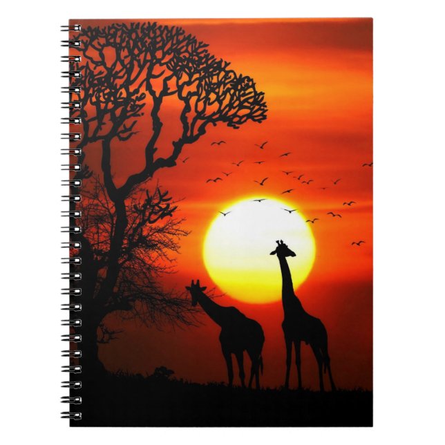 Caderno Espiral Silhuetas africanas do girafa do por do sol do (Frente)