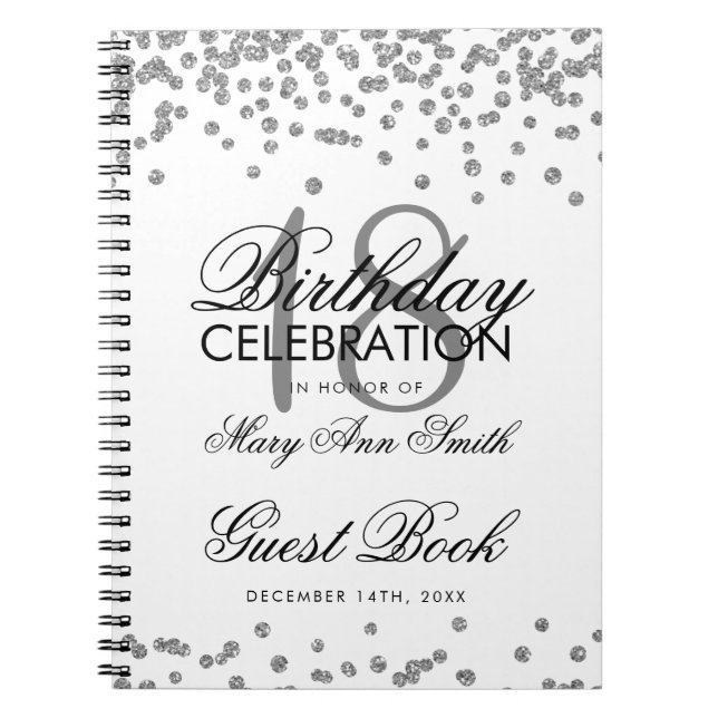 Caderno Espiral Silver 18º Aniversário Livro de Convidados Glitter (Frente)