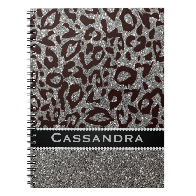 Caderno Espiral Silver & Black Glitter Leopard Imprimir Diamantes  (Frente)