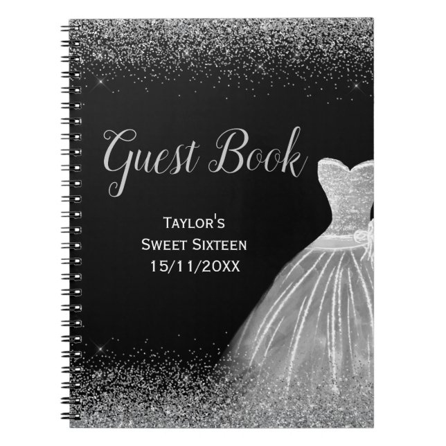 Caderno Espiral Silver Dress Faux Glitter Sweet 16 guest Book (Frente)