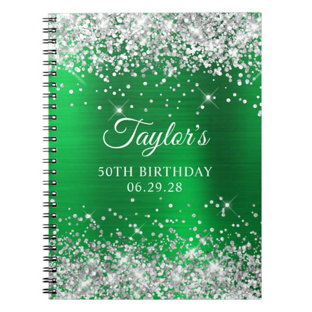Caderno Espiral Silver Glitter Green Foil 50º Aniversário convidad (Frente)