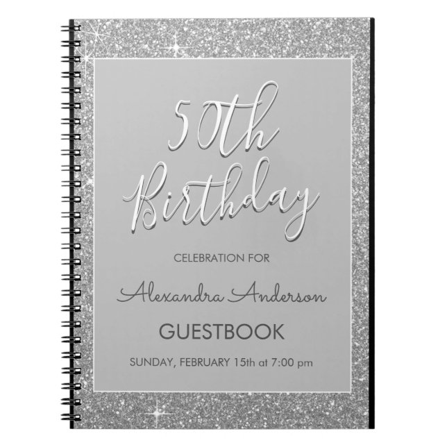 Caderno Espiral Silver Sparkle Glitter 50º Aniversário Guestbook (Frente)