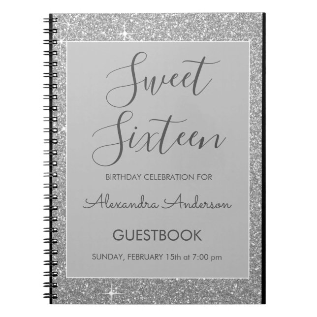 Caderno Espiral Silver Sparkle Glitter Sweet 16 Guestbook (Frente)