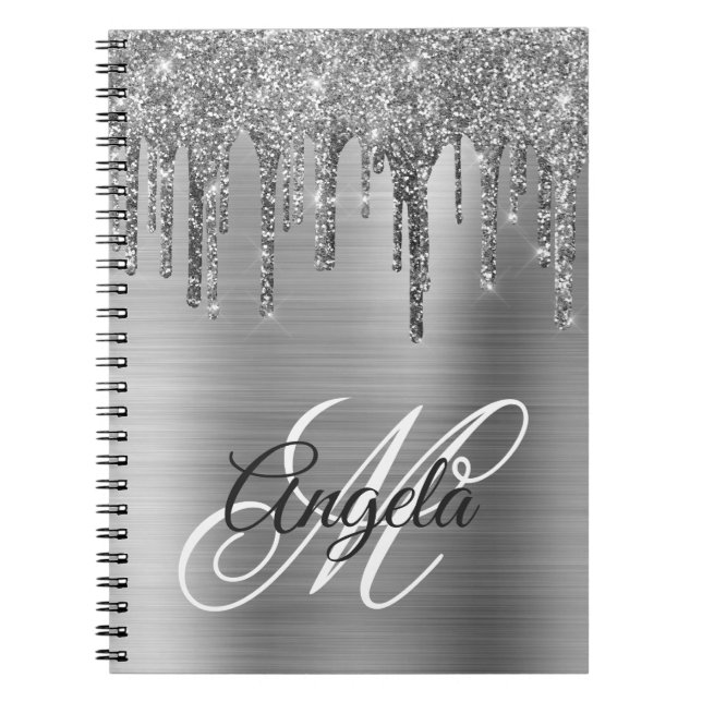 Caderno Espiral Silvery Brushed Foil Glitter Drip Fancy Monogram (Frente)