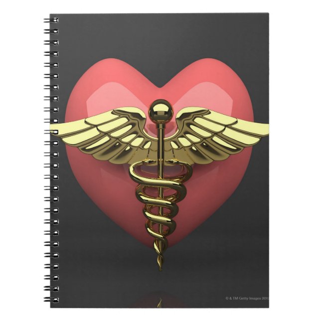 Caderno Espiral Símbolo cardíaco com símbolo médico (caduceus) (Frente)