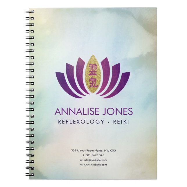 Caderno Espiral Símbolo cura Dourado de Reiki nas pétalas de Lotus (Frente)