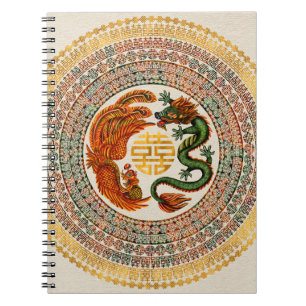 Caderno Espiral Símbolo de Felicidade Dupla com Phoenix e Dragon