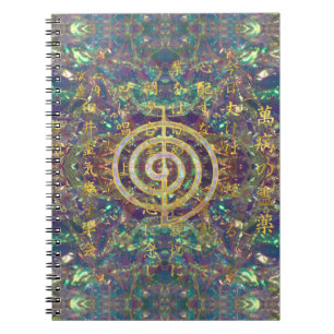 Caderno Espiral Símbolo Dourado de Choku Rei e preceitos de Reiki