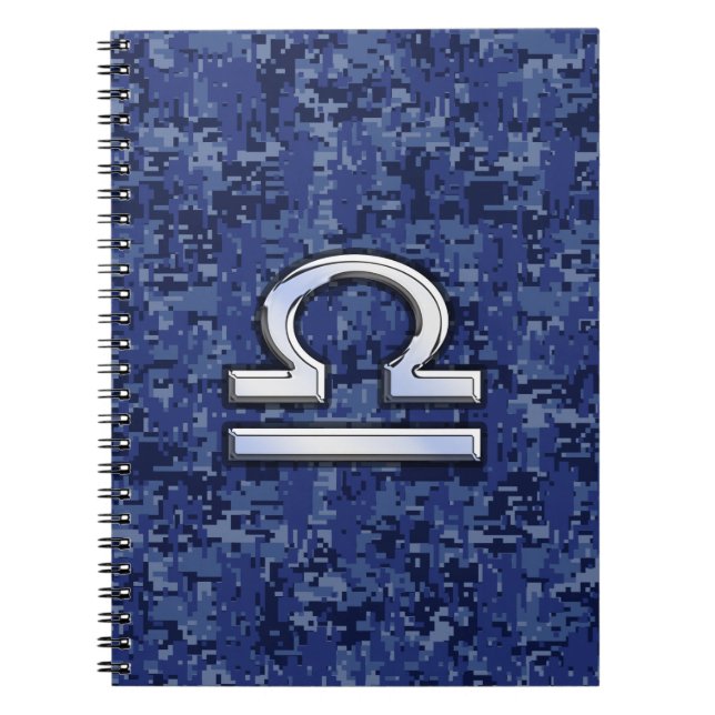 Caderno Espiral Símbolo Libra Zodiac na Camuflagem Digital Azul (Frente)
