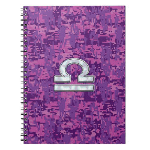 Caderno Espiral Símbolo Libra Zodiac no Camo Digital Fuchsia