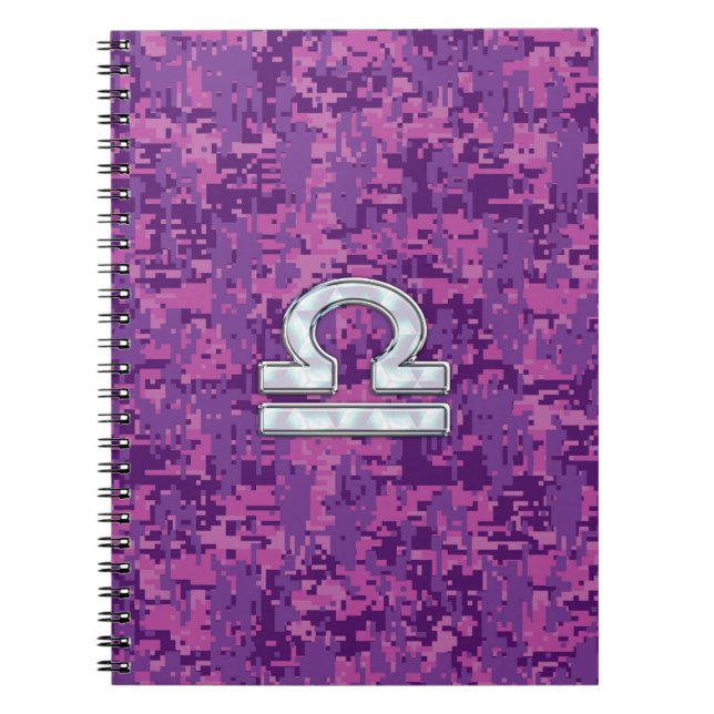 Caderno Espiral Símbolo Libra Zodiac no Camo Digital Fuchsia (Frente)