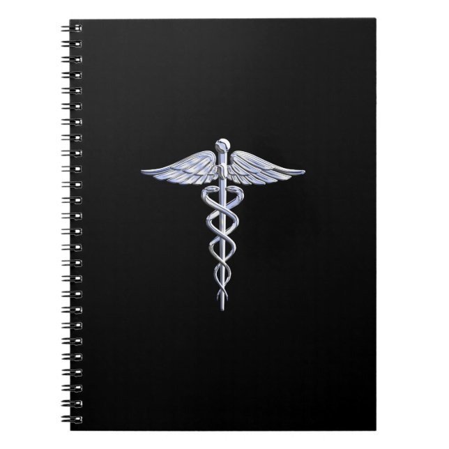 Caderno Espiral Símbolo Médico de Prata Como Caduceus em Decoração (Frente)