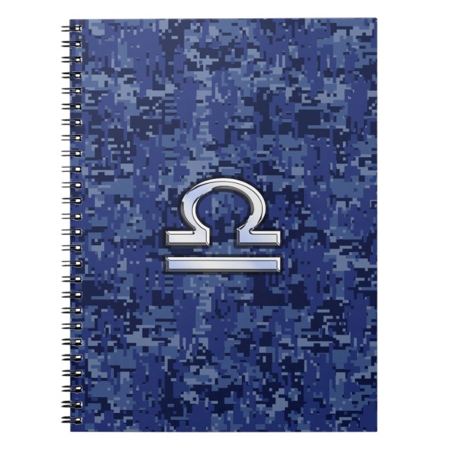 Caderno Espiral Símbolo Silver Libra Zodiac no camo digital azul (Frente)