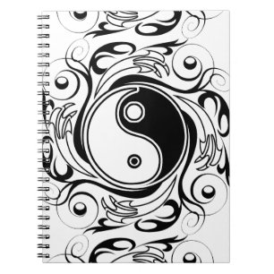 Caderno Espiral Símbolo Yin & Yang Estilo de Tatuagem Preto e Bran